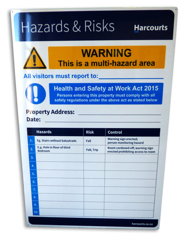 Harcourts Hazard and Risks small Sign, ideal for inside use by register 300mm x 400mm on White 1.50mm Rigid PVC - Markit Graphics